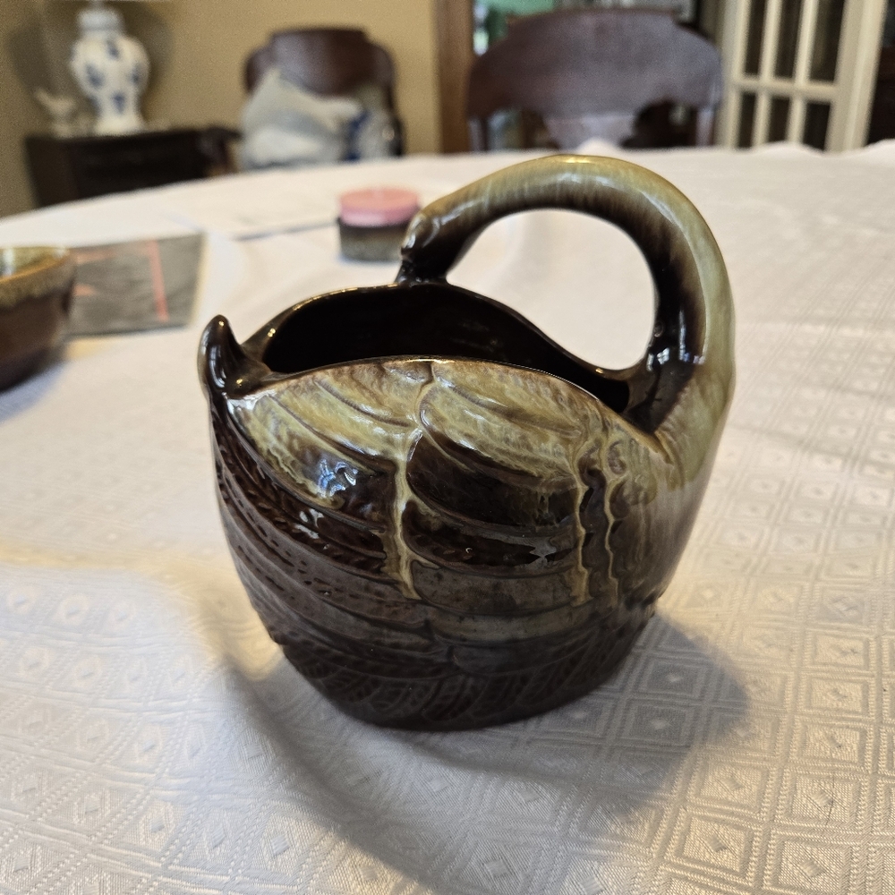 Beautiful Norcrest swan bowl flower vase brown and cream E789 never used - Picture 7 of 12
